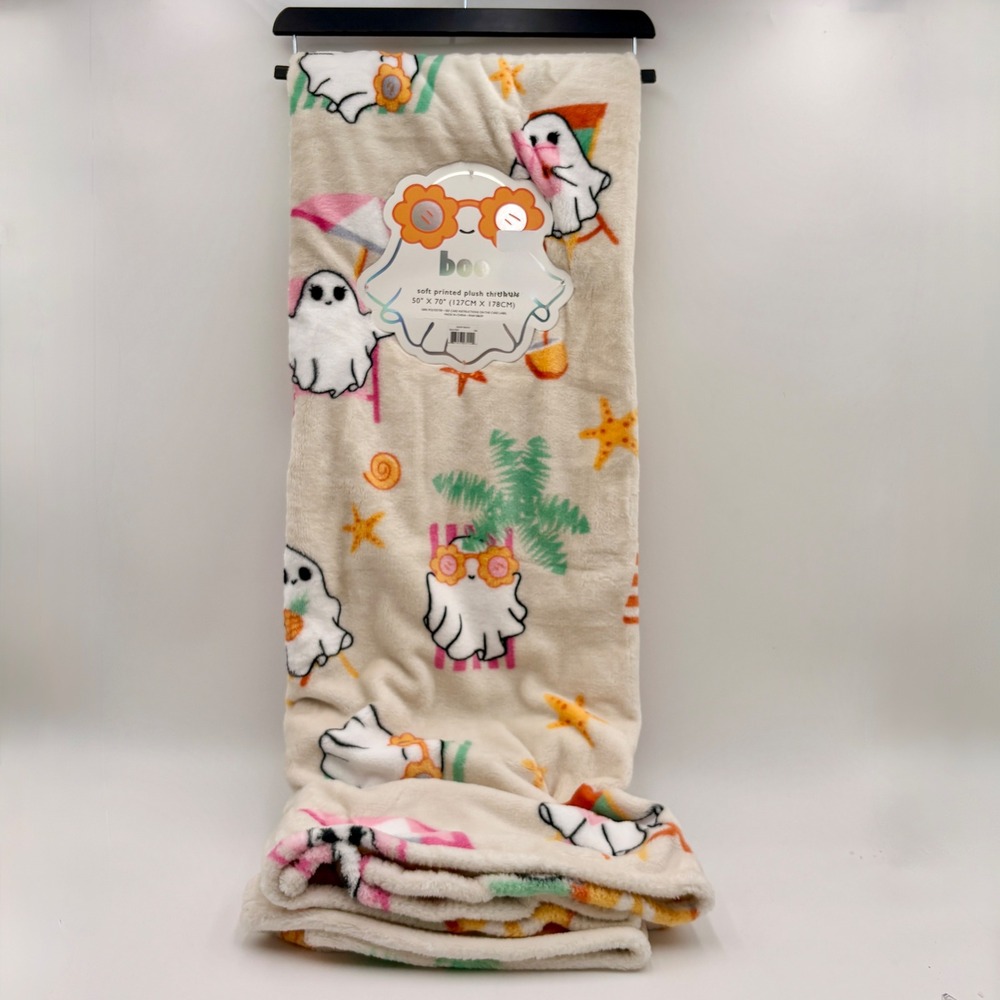 Boo Ghost Beach Soft Printed Plush Throw Blanket Summerween Cream Pink Tropical